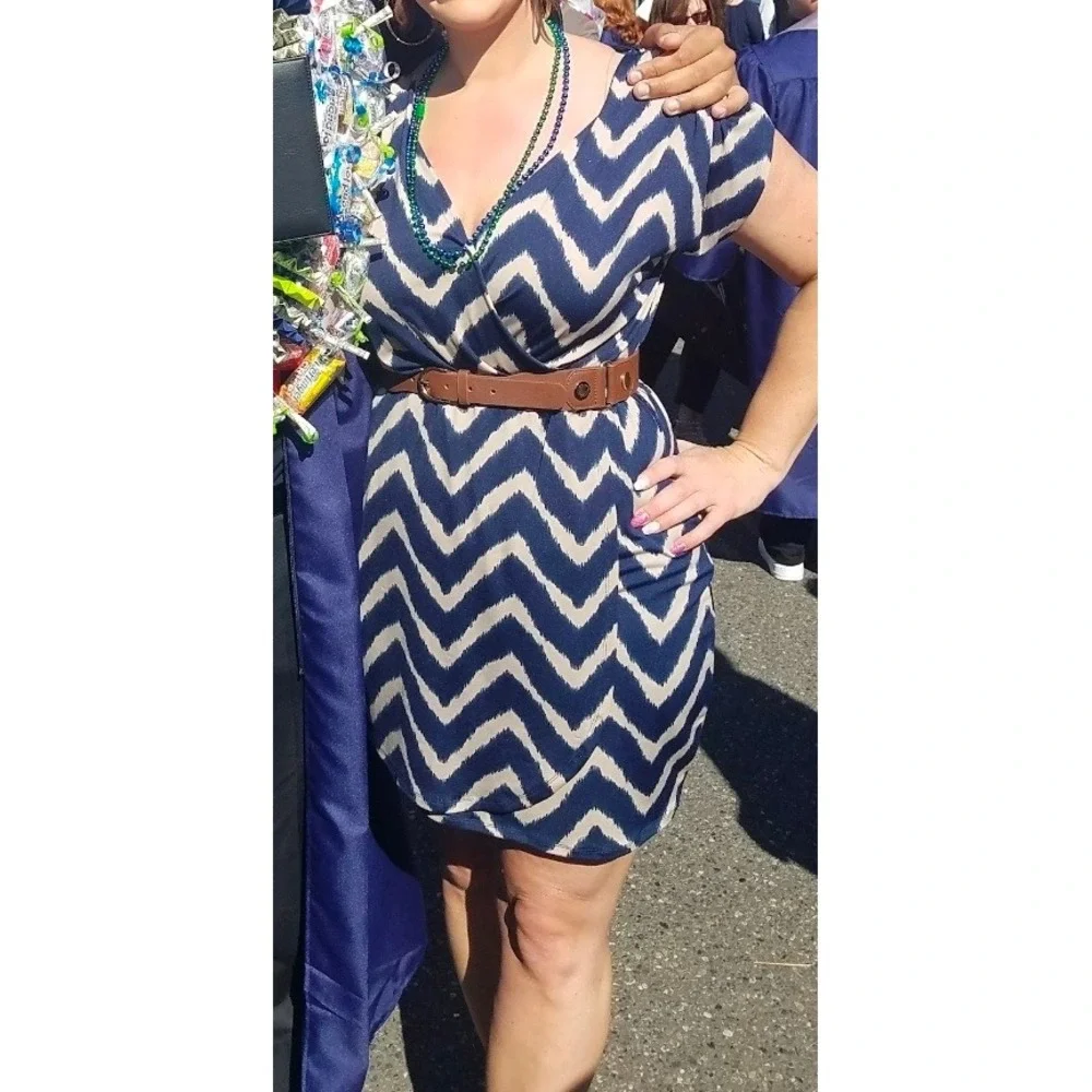 Corey‎ P Womens Navy Blue Cream Chevron Ikat Faux Wrap V-Neck Dress Large